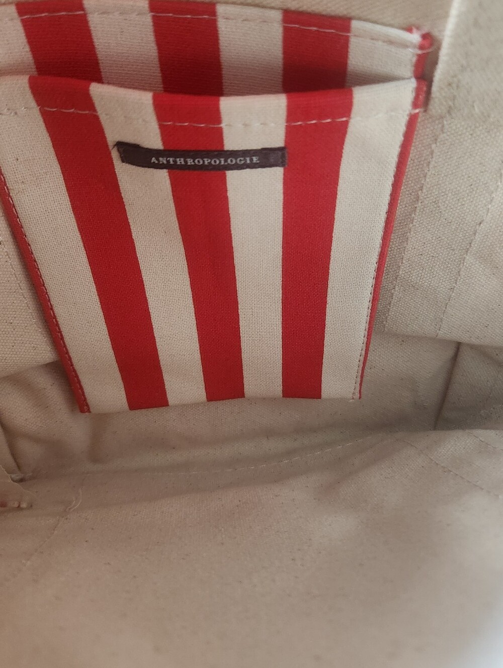 Anthropologie Cream Canvas Tote with Coral Trim and Beaded Cocktail Motif - Picture 6 of 11